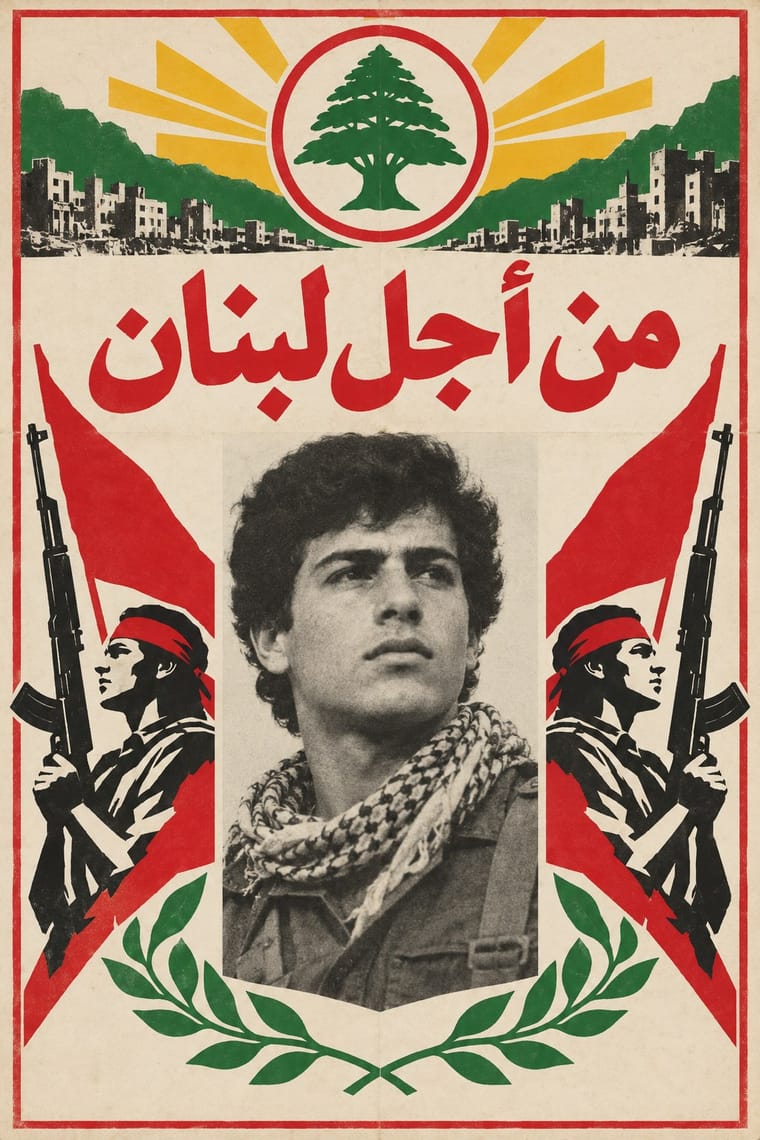 A vintage-style poster shows a black-and-white portrait of a young man wearing a patterned scarf, flanked by mirrored armed figures and red flags. Red Arabic lettering appears beneath a cedar-tree emblem with yellow rays, with mountains and buildings across the top and green leafy branches below.