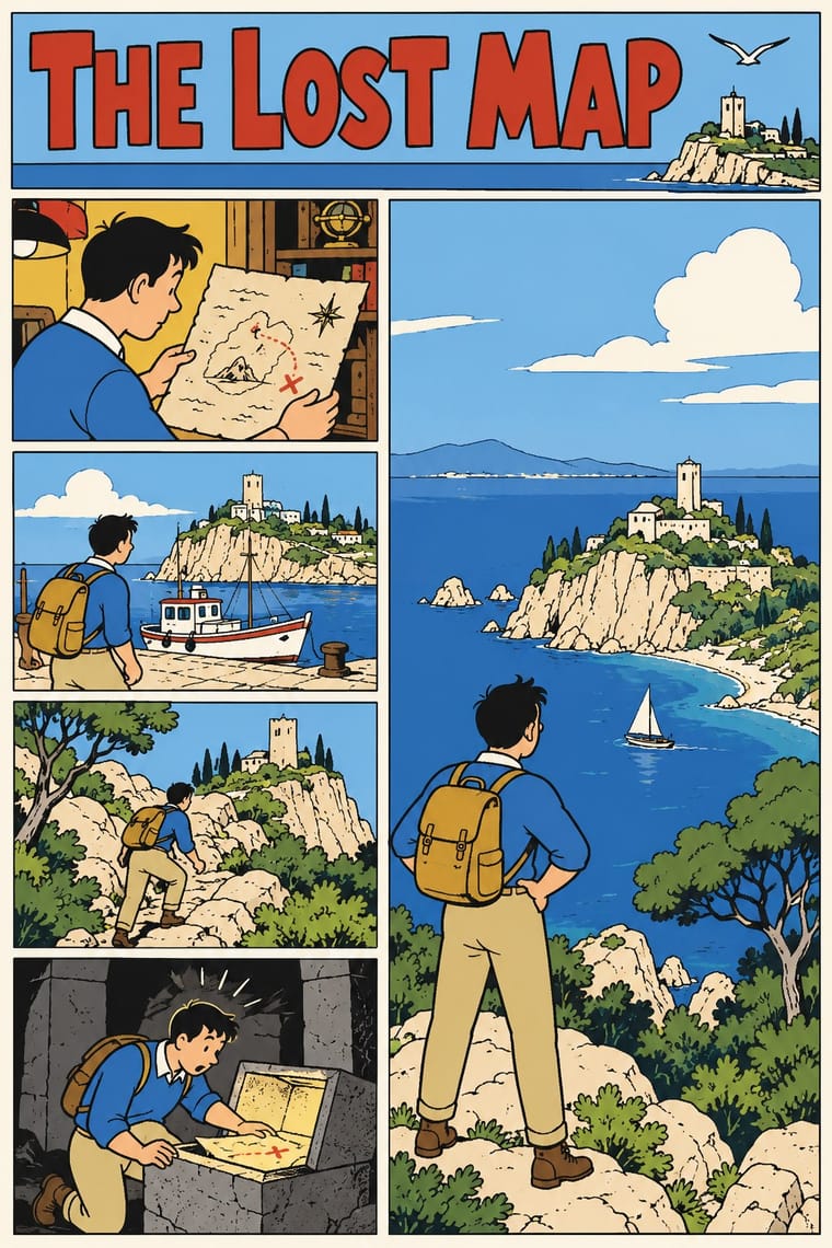 A comic-style poster titled “THE LOST MAP” follows a dark-haired young explorer with a yellow backpack as he studies a map, visits a harbor, climbs a rocky path, and opens a stone chest. A large panel shows him overlooking a blue coastal bay with boats and a hilltop village crowned by a tower.