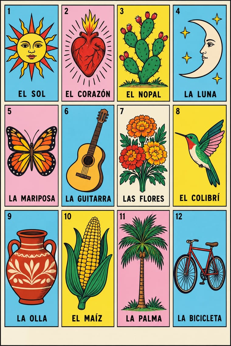 A four-column, three-row grid of twelve numbered, black-bordered illustrated cards has Spanish labels on blue, pink, yellow, and cream backgrounds. The cards show a sun with a face, a flaming heart, a cactus, a crescent moon with a face, a butterfly, a guitar, flowers, a hummingbird, a decorated pot, corn, a palm tree, and a bicycle.
