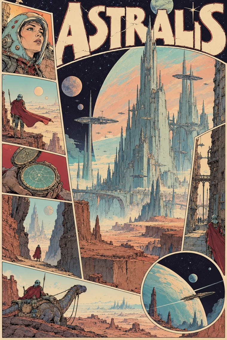 A retro science-fiction comic poster titled “ASTRALIS” features a towering alien city beneath enormous planets, with spacecraft flying among its spires. Surrounding panels show a helmeted woman, a red-caped traveler exploring desert canyons and city streets, a handheld astronomical instrument, and a rider on a loaded reptilian mount.