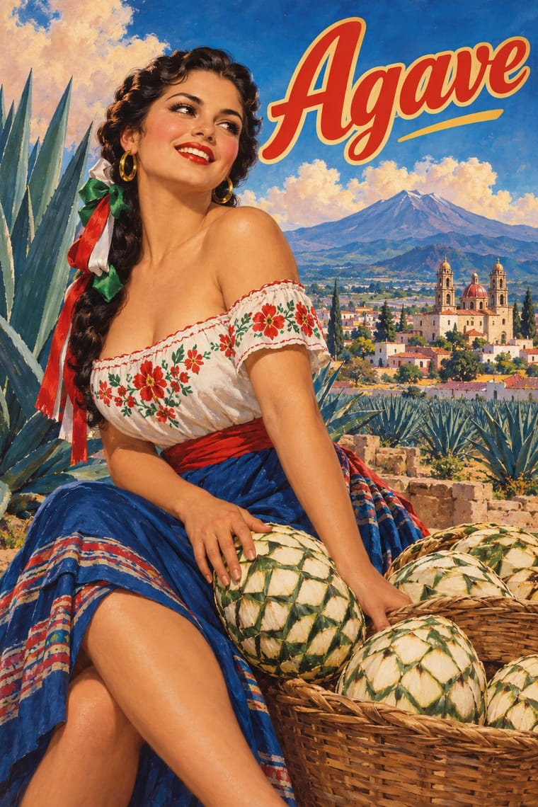 A painted-style poster shows a smiling woman in a floral embroidered blouse and blue skirt seated beside wicker baskets of harvested agave hearts. Agave plants, a town with a domed church, and distant mountains fill the background beneath the red and gold word “Agave.”