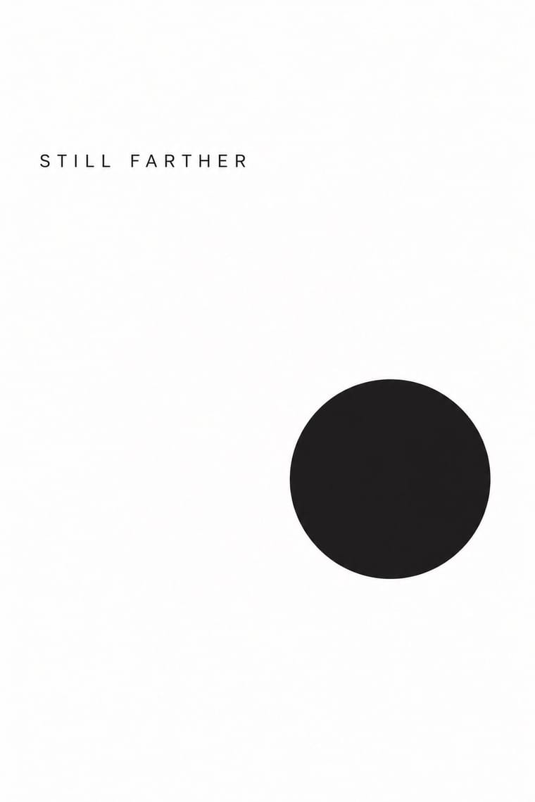 A minimalist white poster has the widely spaced black words “STILL FARTHER” near the upper left and a large black circle in the lower-right area. Most of the surface is empty white space.