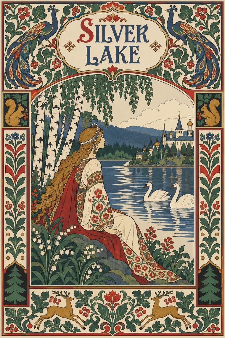 An ornate illustrated poster titled “SILVER LAKE” shows a long-haired woman in embroidered robes sitting beneath birch trees beside a lake, with two swans and a distant castle. A decorative border contains mirrored peacocks, squirrels, deer, flowers and curling foliage.