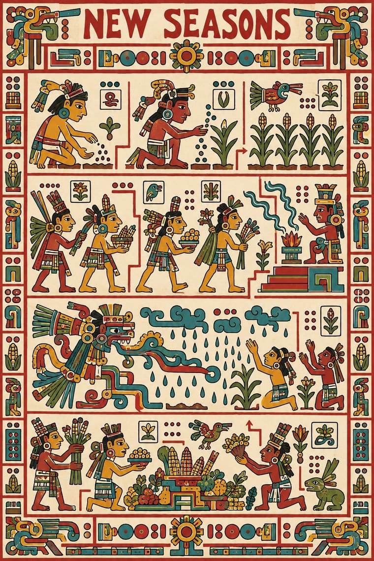 An illustrated poster headed “NEW SEASONS” shows stacked scenes of stylized figures planting maize, carrying offerings, and kneeling beside crops and an altar. A large feathered serpent, rain clouds, birds, flowers, and patterned borders fill the cream, red, teal, yellow, and green design.