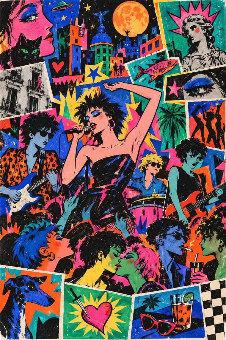 A brightly coloured, distressed comic-style collage centres on a spiky-haired singer holding a microphone, surrounded by guitarists, a drummer and concertgoers. Tilted panels contain a moonlit city, a cat, a classical statue, a fish, a dog, kissing figures, drinks and sunglasses.