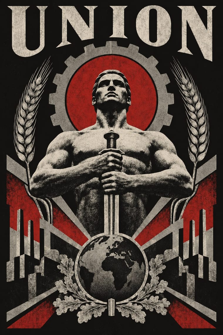A distressed black, red and cream poster headed “UNION” shows a muscular bare-chested man gripping an upright sword, backed by a red circle inside a cogwheel. Mirrored wheat stalks, angular industrial forms and radiating bands surround him, with a globe and oak branches at the bottom.
