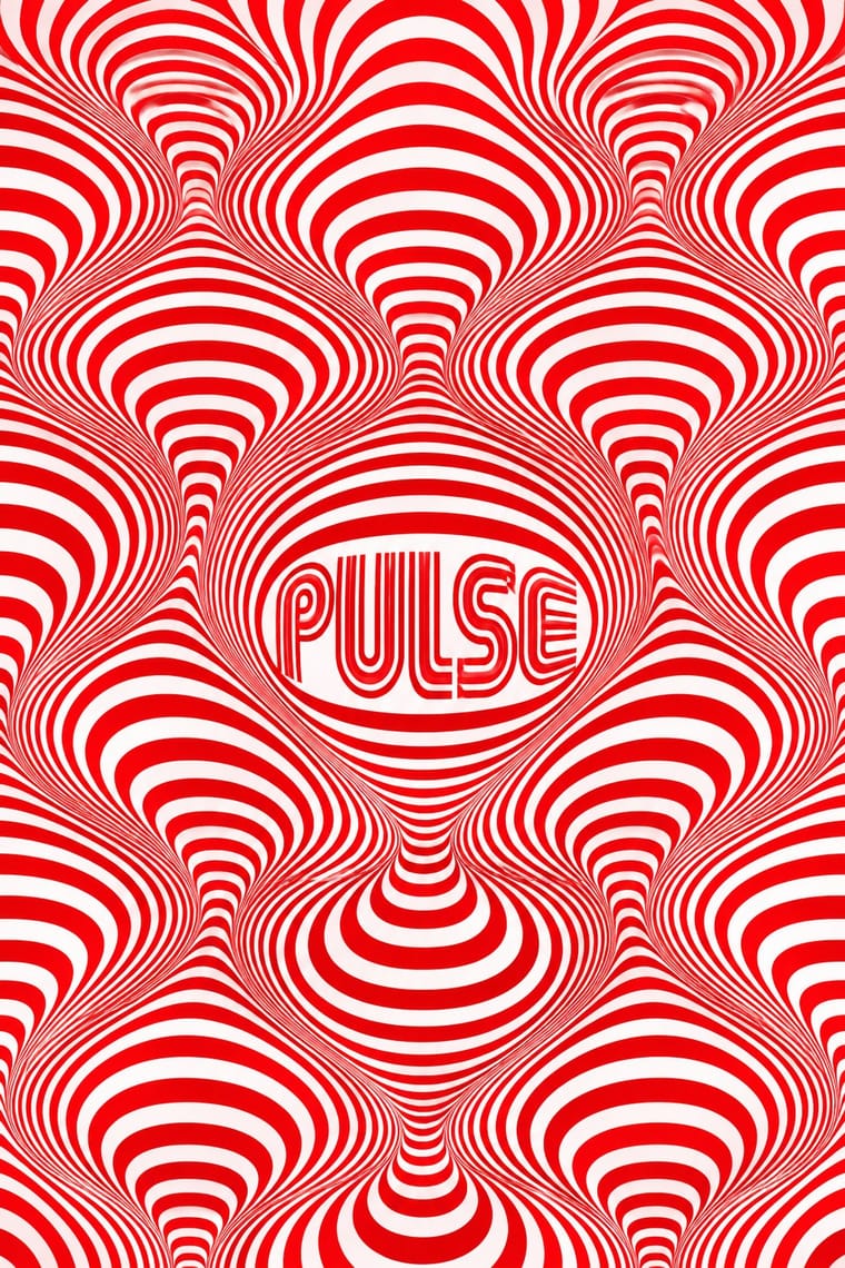 Alternating red and white curved stripes fill the poster, swelling and pinching into a repeating optical illusion of bulges and tunnels. The word “PULSE” appears in tall, multiline red lettering near the center.