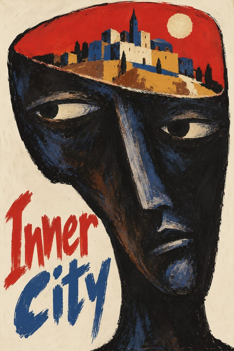 A large, elongated dark face has an open-topped head containing a hilltop town with blue, cream and ochre buildings, slender trees and a pale sun against a red sky. Rough brush lettering reading “Inner City” fills the cream space at the lower left.