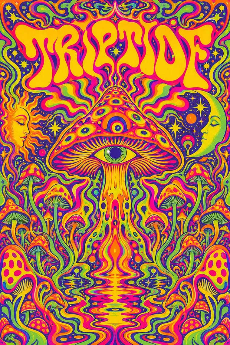 A vividly coloured psychedelic illustration shows a giant mushroom with an eye beneath its cap, surrounded by smaller mushrooms, flowing rainbow bands, and stars. A sun and crescent moon with faces flank the central mushroom beneath large, wavy lettering reading “TRIPTIDE.”