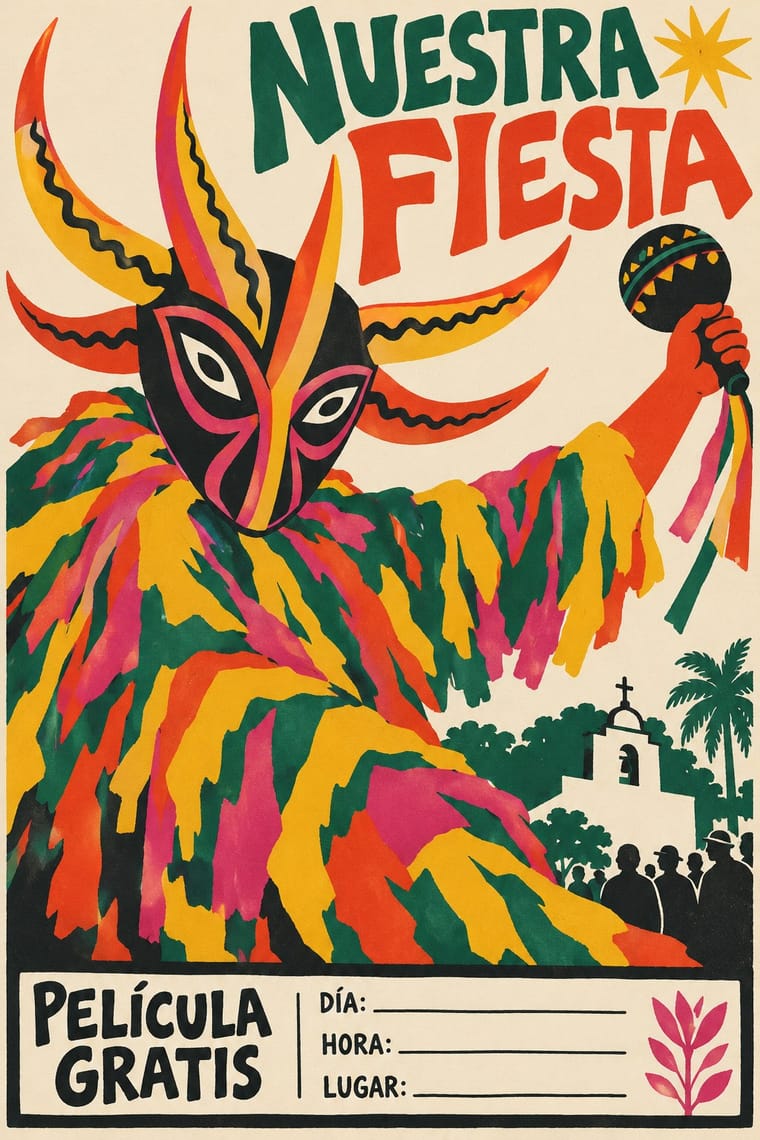 A costumed festival figure wearing a black horned mask and multicoloured fringe raises a decorated maraca beneath the Spanish title “Nuestra Fiesta.” A church, palm tree and silhouetted crowd appear behind the figure, with a free-film announcement and blank event details at the bottom.