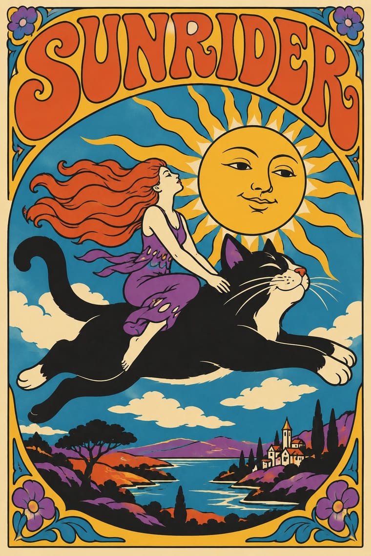 A red-haired woman in a flowing purple dress rides a giant flying black-and-white cat beneath a smiling golden sun. Large orange lettering reading “SUNRIDER” crowns the scene, with a coastal village below and flowers decorating the border.