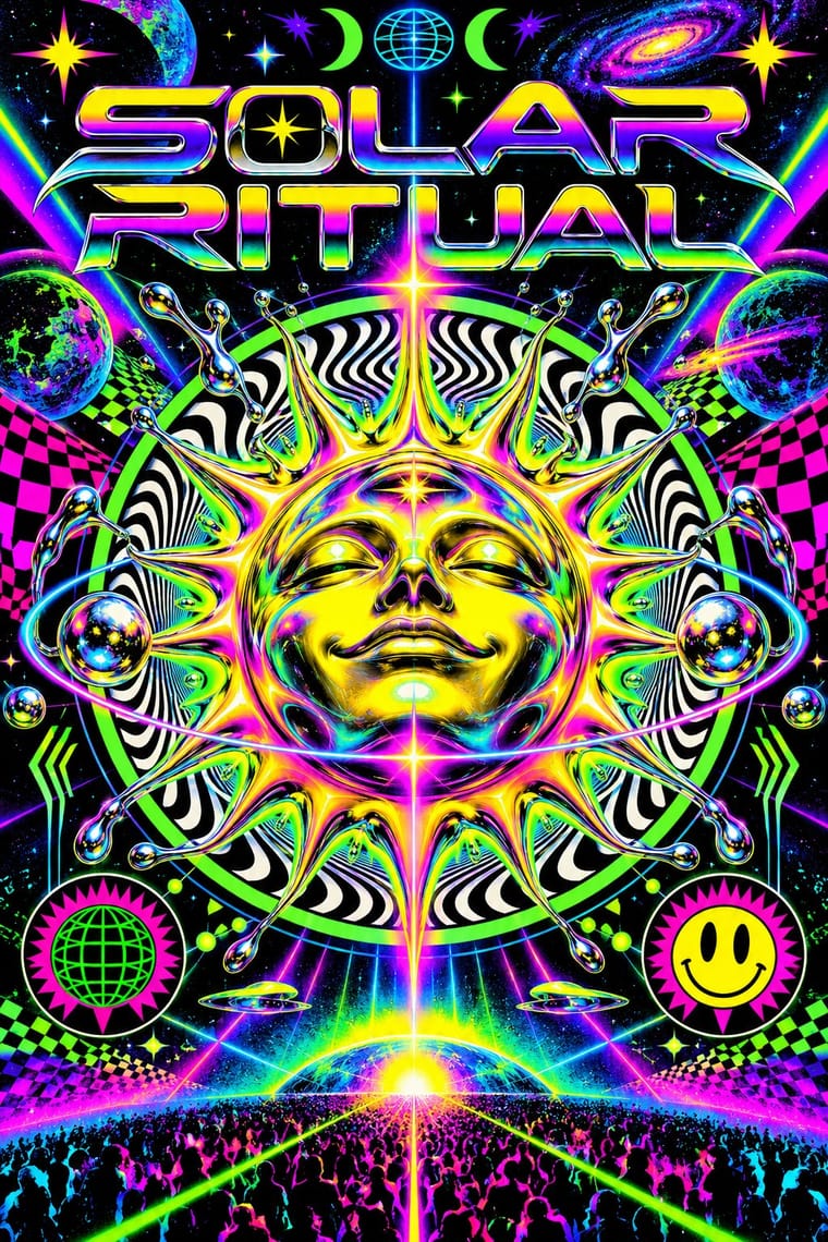 A neon psychedelic poster reads “SOLAR RITUAL” above a large reflective golden sun with a smiling human face, surrounded by warped black-and-white patterns, planets, stars, and glowing orbital rings. Globe and smiley-face badges, small flying saucers, and a silhouetted crowd beneath multicoloured laser beams fill the lower portion.