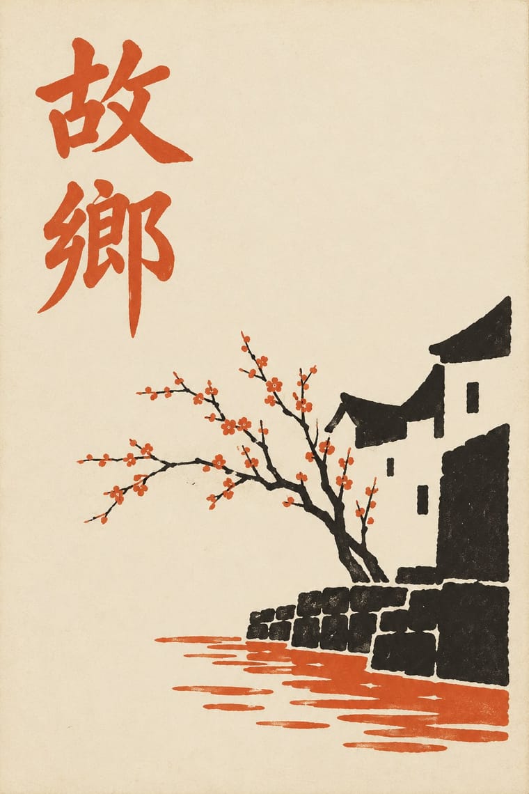 Large orange Chinese calligraphy sits at the upper left on textured cream paper. A black flowering tree with orange blossoms extends beside simplified village buildings and a stone embankment, with orange ripples below.