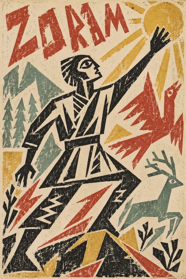 A distressed, woodcut-style poster shows an angular black figure striding across jagged mountains and reaching toward a golden sun. A red bird, a green antlered deer, evergreen trees and small plants surround the figure beneath large red lettering.