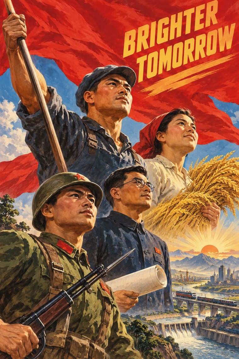 A painted propaganda-style poster shows a worker raising a red flag, a woman holding golden grain, a soldier carrying a rifle with a bayonet, and a bespectacled man holding rolled plans. The words “BRIGHTER TOMORROW” appear above them, with a sunrise, mountains, a city, an elevated train and a dam in the background.
