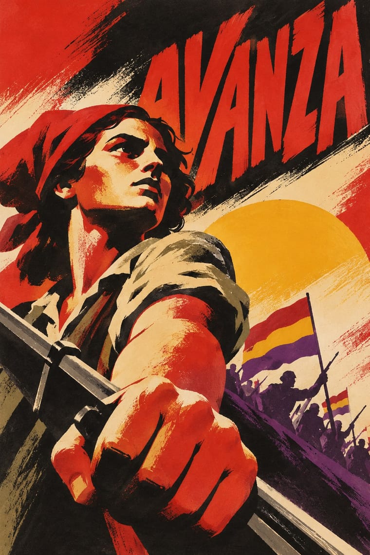 A painted propaganda-style poster shows a woman in a red headscarf looking upward, with a large foreshortened hand gripping a rifle in the foreground. Behind her are a yellow sun and ranks of armed figures carrying red, yellow and purple flags, beneath the large red word “AVANZA.”