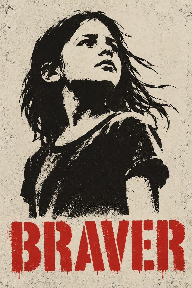 A distressed black-and-cream portrait shows a long-haired person looking upward to the right, with hair blowing sideways. Large red stencil lettering reading “BRAVER” sits beneath the portrait on a speckled cream background.