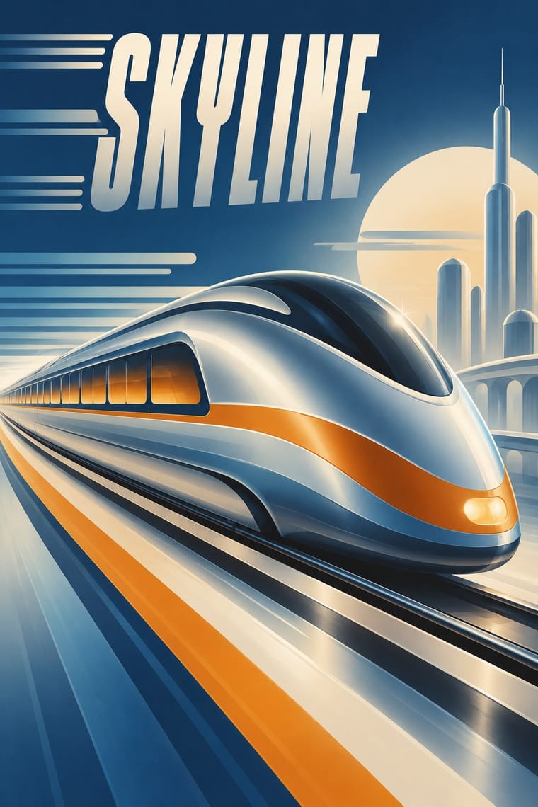 A streamlined silver-and-orange passenger train races along converging tracks beneath the large word “SKYLINE.” Rounded futuristic towers rise against a large pale sun in a deep blue sky.