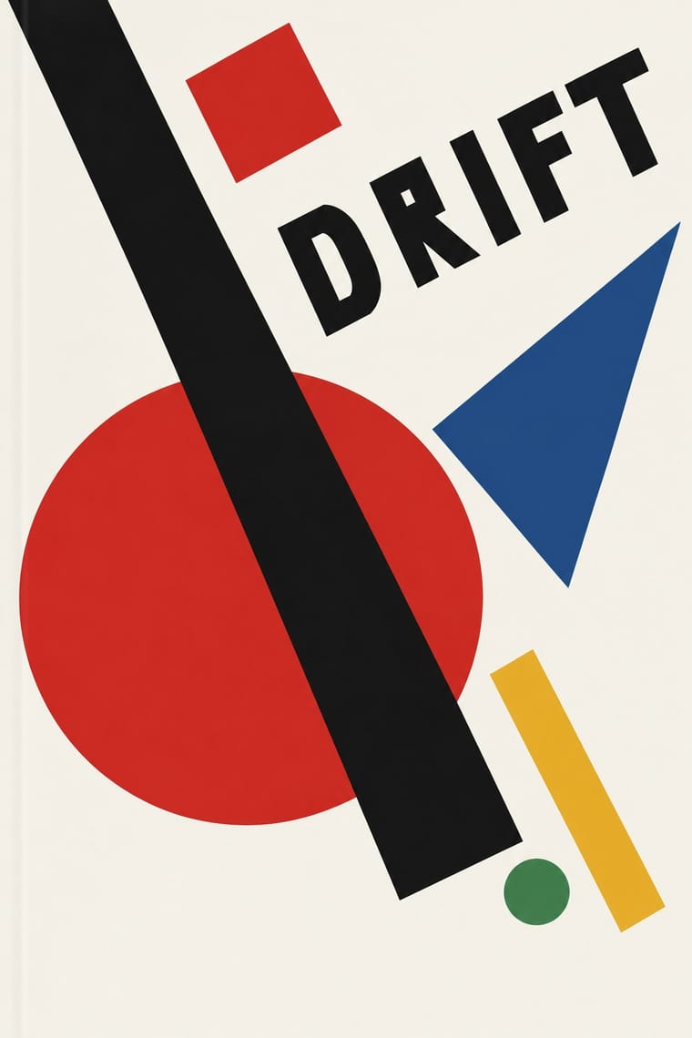An off-white cover features a large red circle crossed by a thick diagonal black bar, with a red square, blue triangle, yellow bar, and small green circle. The black uppercase word “DRIFT” angles upward across the upper portion.