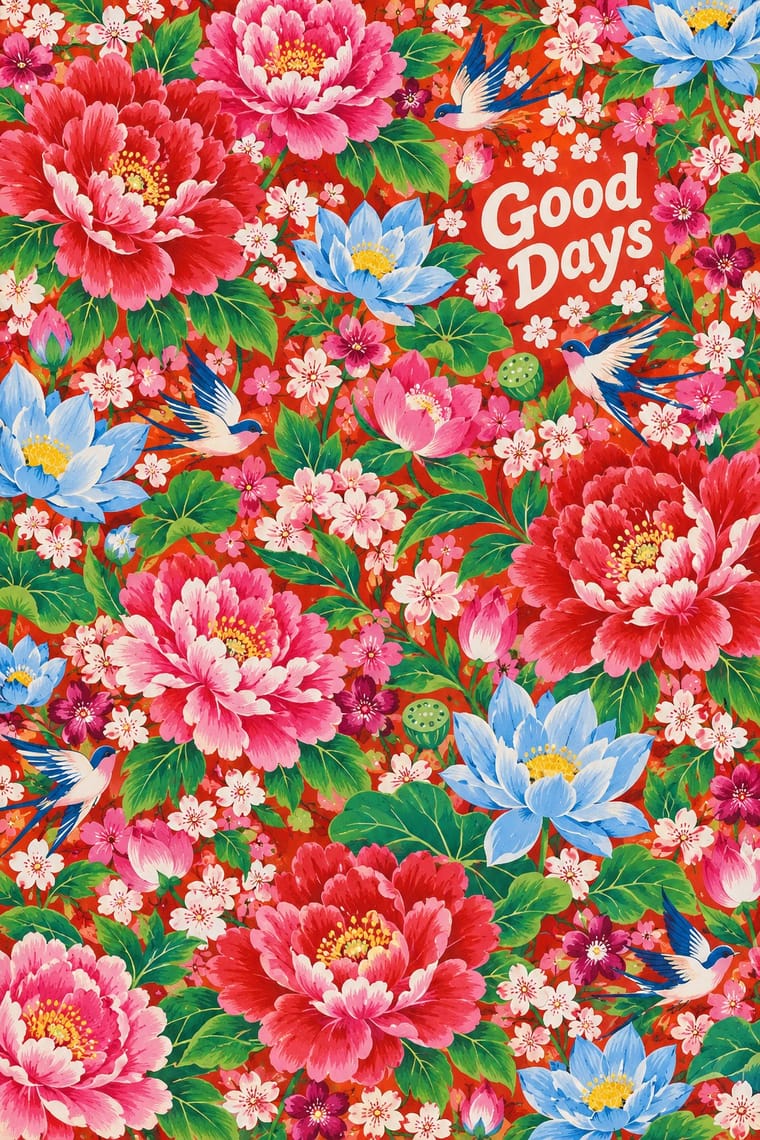 A dense floral illustration fills a red-orange background with large pink and red peonies, blue lotus-like flowers, green leaves, small blossoms, and blue-and-white birds in flight. Cream lettering near the upper right reads “Good Days.”