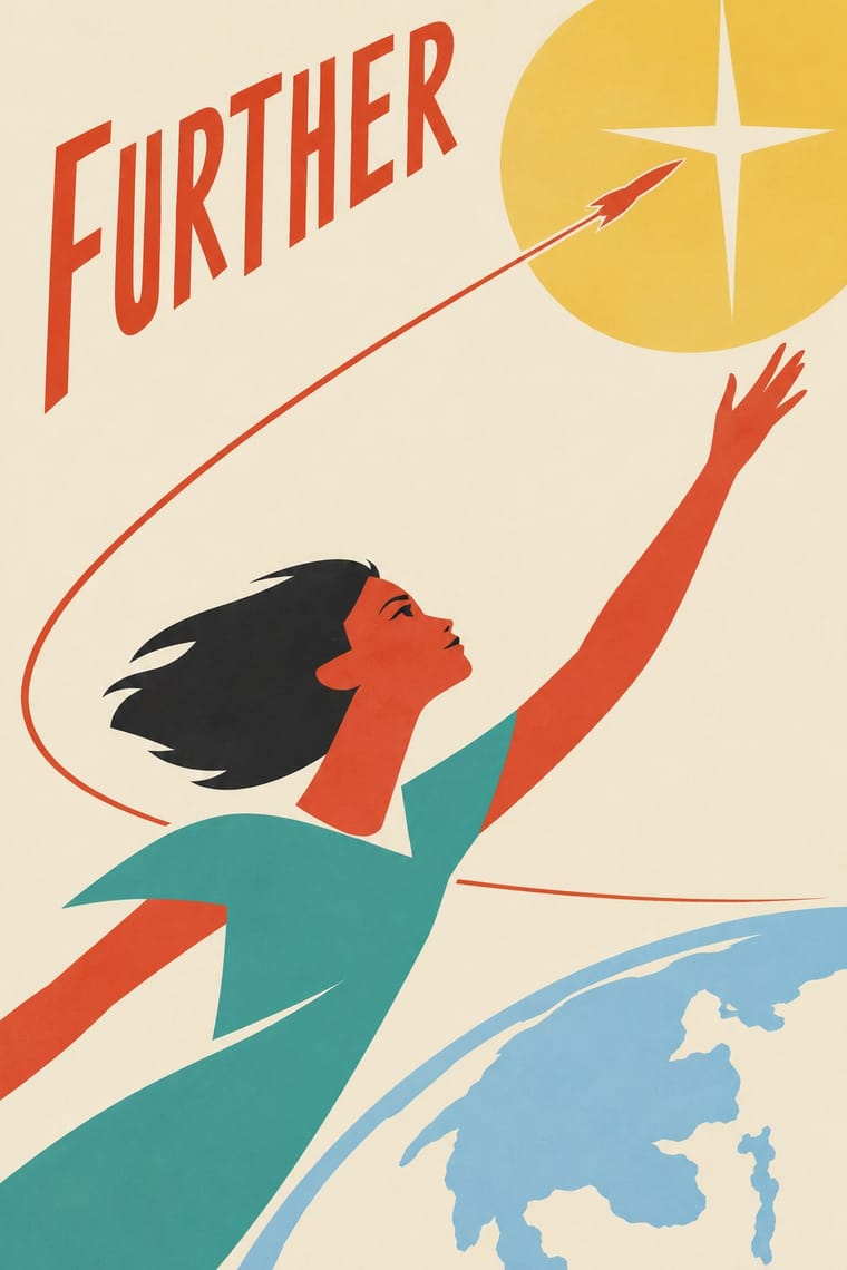 A stylised woman in a teal dress reaches upward above a partial blue globe toward a yellow circle containing a white four-pointed star. A red rocket follows a sweeping curved trail toward the star, beneath the large red word “FURTHER.”