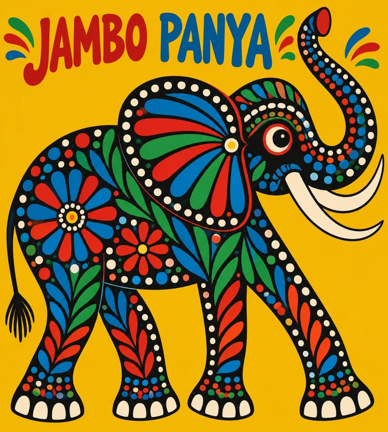 A large black elephant with an upraised trunk and long ivory-coloured tusks stands against a bright yellow background. Its body is filled with red, blue, green and cream flowers, leaves and dots, beneath the words “JAMBO PANYA.”