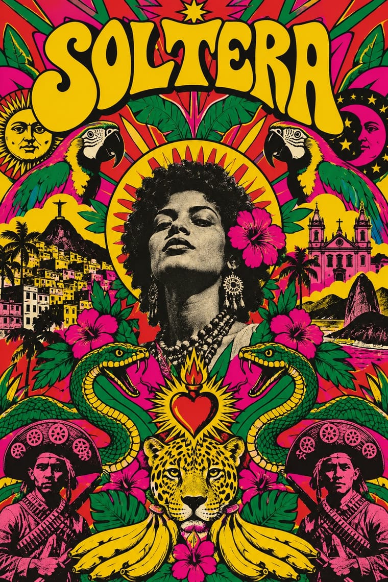 A brightly coloured, densely layered poster reads “SOLTERA” above a central portrait of a woman with an afro, a pink flower, and ornate jewellery. Mirrored parrots, snakes, armed men in decorated hats, flowers, foliage, bananas, and a jaguar surround her, alongside Brazilian landmarks, a sun and moon, and a flaming heart.