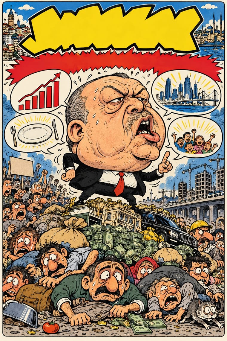 A political cartoon shows an oversized, sweating man in a black suit and red tie standing over heaps of money, buildings and a luxury car, while distressed people crawl beneath them. Speech balloons contain a rising chart, an empty plate, a modern skyline and cheering children, beneath blank yellow and red jagged banners.