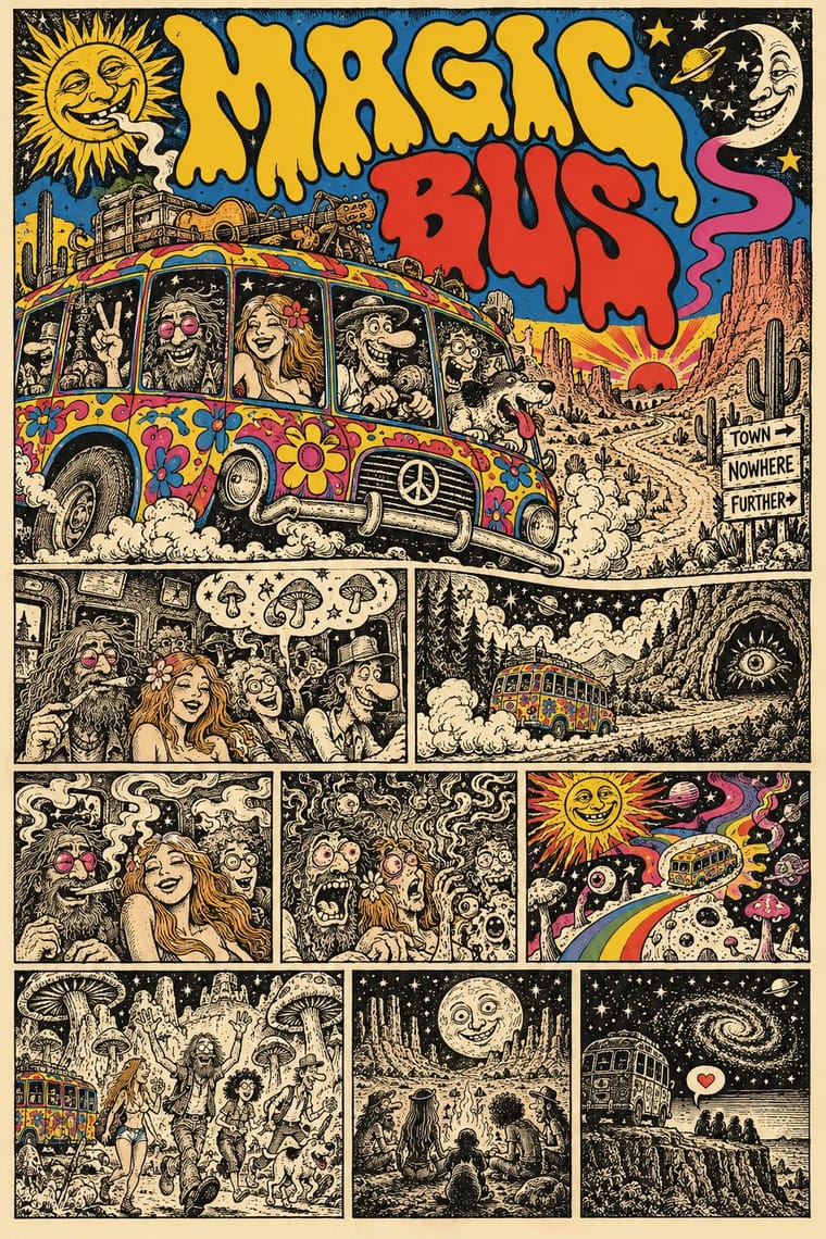 A densely drawn psychedelic comic poster titled “MAGIC BUS” shows a flower-painted bus carrying grinning passengers and a dog through a desert beneath smiling celestial faces. Smaller panels follow their journey through swirling visions, giant mushrooms, a campfire gathering, and a star-filled landscape.