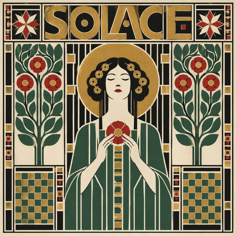 A symmetrical decorative print shows a woman with closed eyes, black hair, and a green robe holding a red flower before a large gold halo. Mirrored flowering plants, checkerboard panels, and geometric borders surround her beneath the word “SOLACE.”