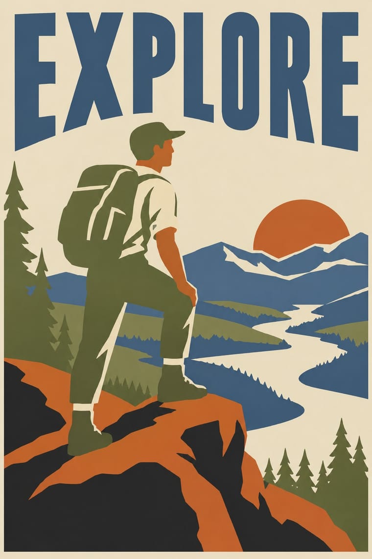 A stylised hiker with a large backpack stands on an orange rocky overlook above a winding river, evergreen forests and blue mountains. An orange sun sits behind the peaks, and large blue lettering across the top reads “EXPLORE.”