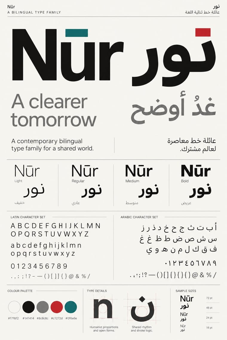 A bilingual Latin and Arabic type specimen sheet on an off-white background features oversized black Nūr and نور lettering, gray sample headlines, and four font weights. Fine rules divide character sets, five circular colour swatches, letter-construction diagrams, and sample sizes, with restrained red and teal accents.
