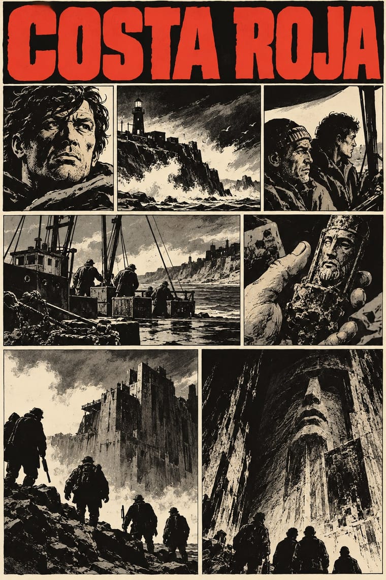 A red “COSTA ROJA” headline sits above seven black-and-cream illustrated panels showing rugged men, a stormy lighthouse coast, a fishing boat, and a hand holding a carved figurine. Lower panels show armed explorers approaching a towering fortress and standing beneath an enormous stone face in a cavernous passage.