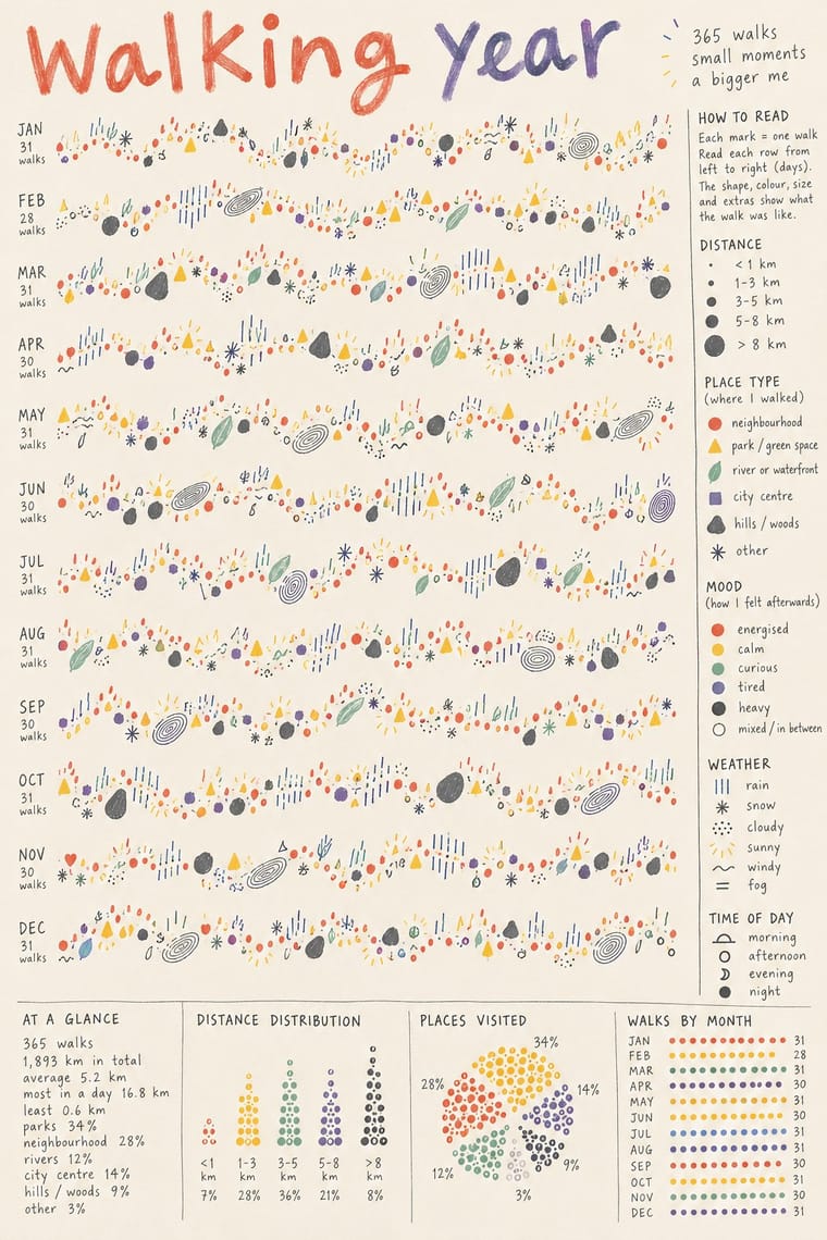 A hand-drawn infographic titled “Walking Year” charts a year of walks in twelve winding rows of colourful dots, leaves, triangles, spirals and weather symbols. A key runs down the right side, with summary statistics and dot charts along the bottom on cream paper.