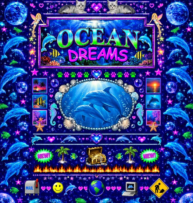 A densely decorated blue ocean-themed webpage features the title “OCEAN DREAMS” above a pearl-and-shell-framed picture of dolphins. Repeated dolphins, glittering stars, hearts, planets, kittens, fairies, fish and small novelty icons fill the surrounding space.