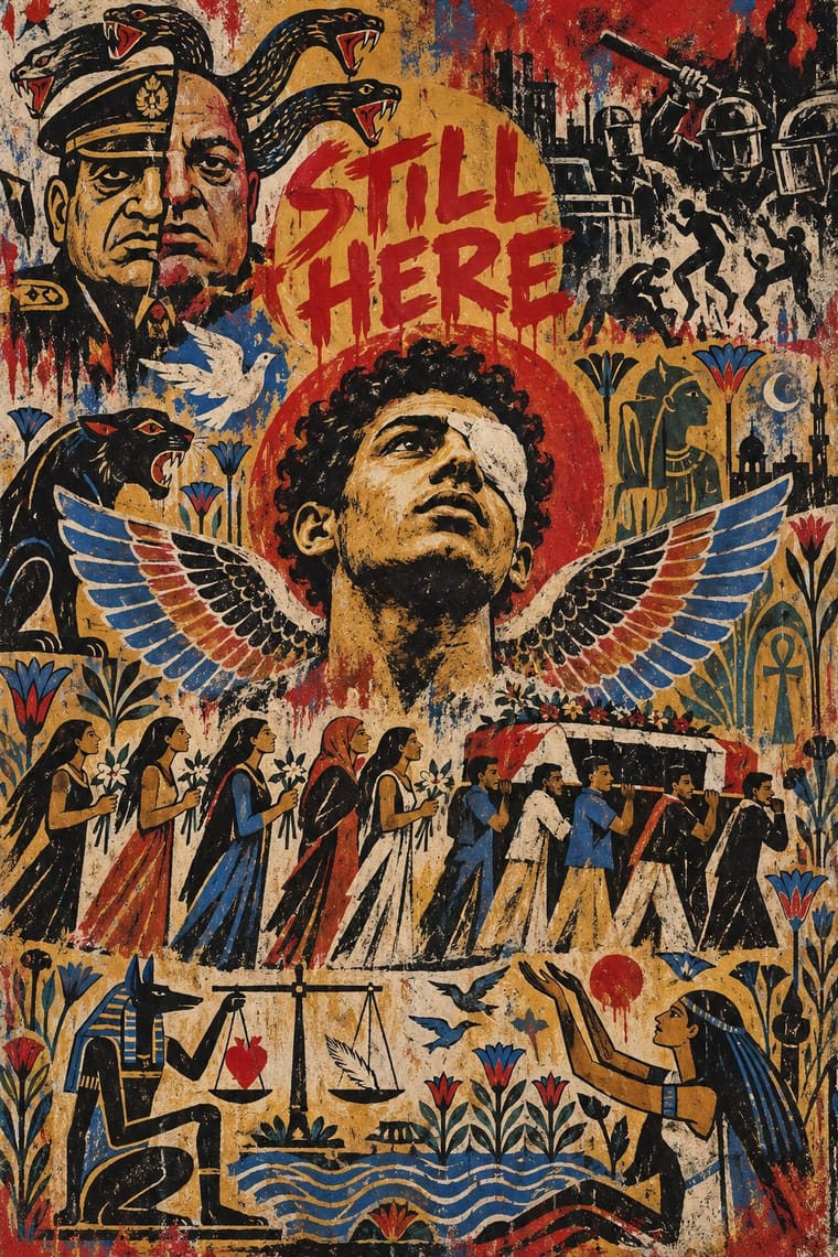 A distressed, Egyptian-inspired illustrated poster centres on a young man with an eye bandage, a red halo and outspread multicoloured wings beneath the words “STILL HERE.” Military portraits, riot police, a funeral procession, Egyptian deities, flowers and birds fill the surrounding ochre, red, blue and black composition.