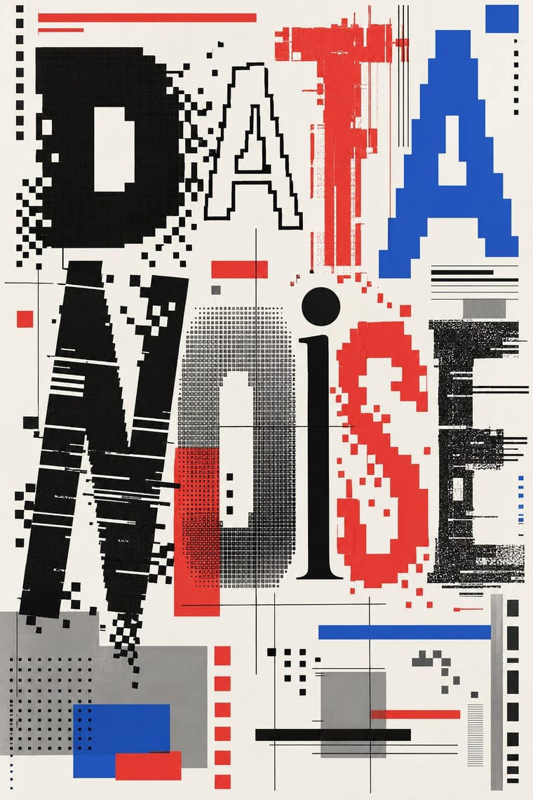 Oversized, distorted letters spell “DATA NOiSE” in black, red and blue on an off-white background. Pixelated edges, dotted textures, scattered squares and intersecting rules surround and interrupt the lettering.