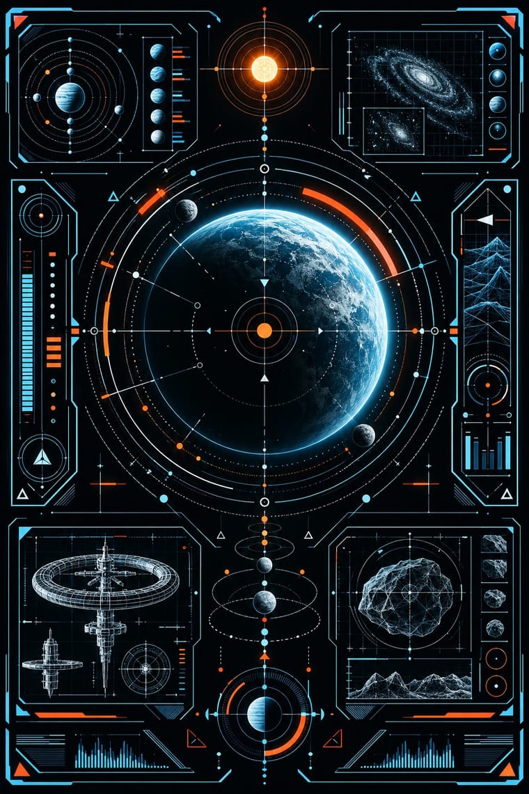A glowing blue planet fills the center of a black, cyan, and orange science-fiction display, surrounded by concentric orbital lines and targeting marks. Angular panels contain a spiral galaxy, planetary diagrams, a wireframe space station, an asteroid, terrain graphs, and small bar charts.