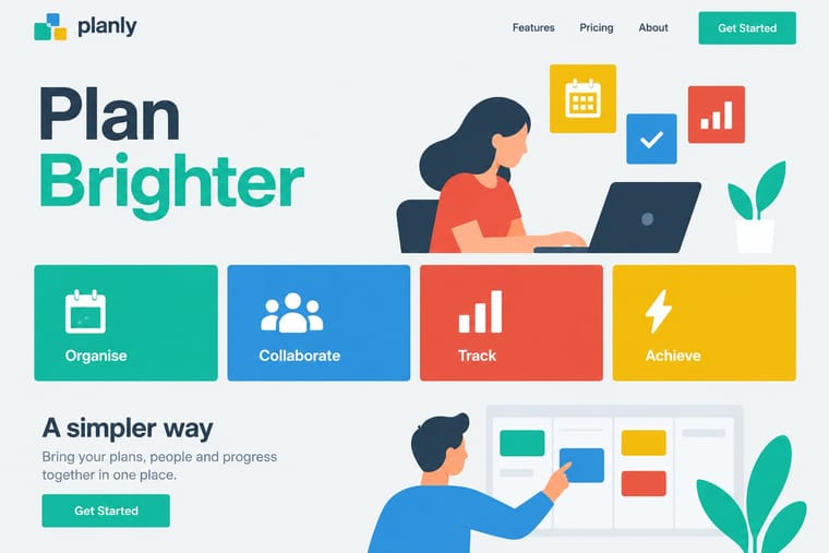 A bright planning-service homepage features a large “Plan Brighter” headline, an illustration of a woman using a laptop, and four colourful feature tiles. Below, a second illustrated person points at a planning board beside introductory text and a Get Started button.
