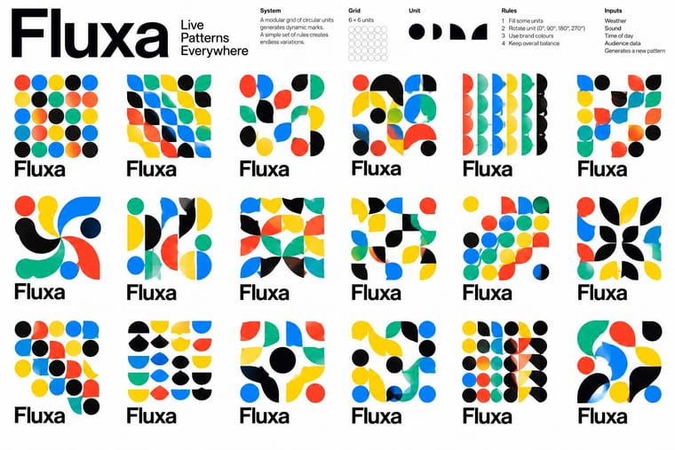 A white logo sheet headed “Fluxa” presents eighteen abstract logo variations in a three-row, six-column grid, each labelled “Fluxa.” Circles, semicircles and curved quarter-circle shapes in red, yellow, blue, green and black form the marks, with small construction diagrams and explanatory text across the top.