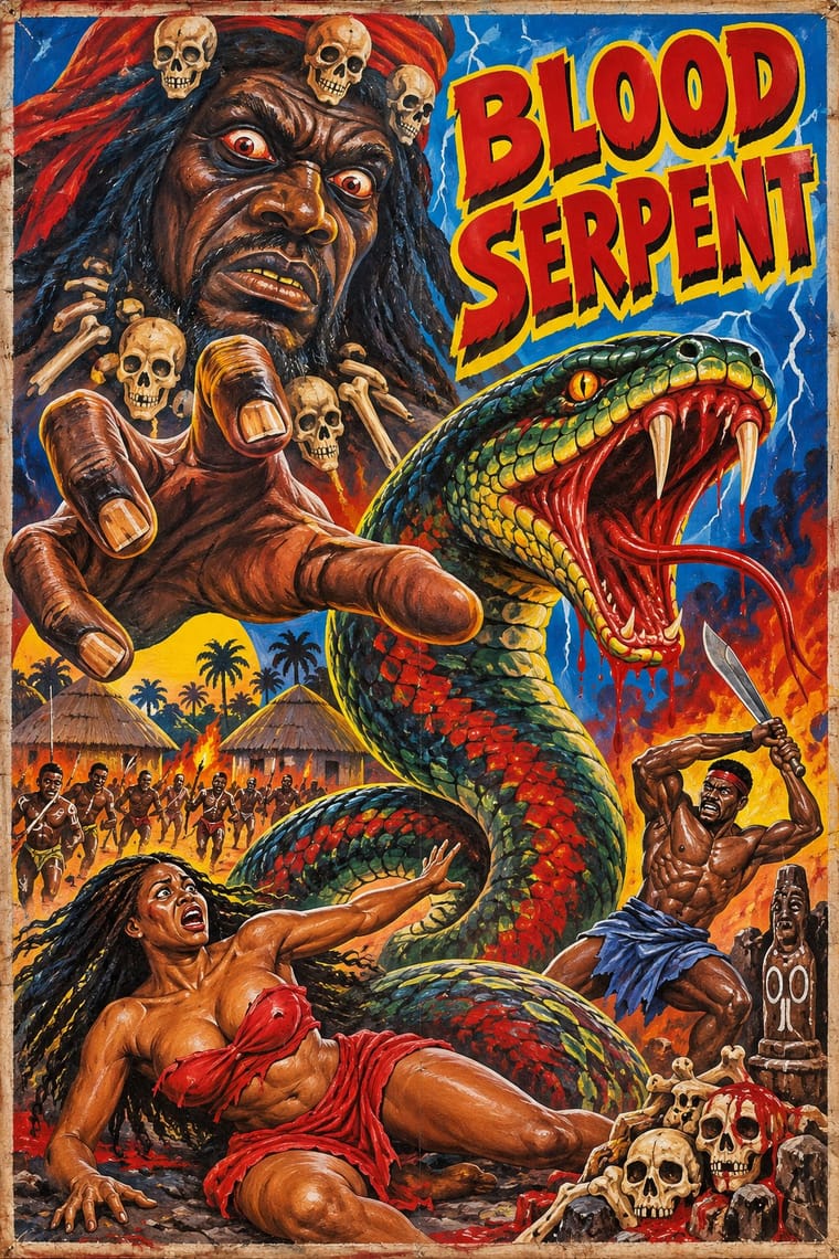 A painted horror-adventure poster titled “BLOOD SERPENT” shows a gigantic, fanged snake towering over a frightened woman in torn red clothing and a man raising a machete. A looming man adorned with skulls reaches forward above a burning village, with running figures, lightning, bones and bloody skulls filling the scene.