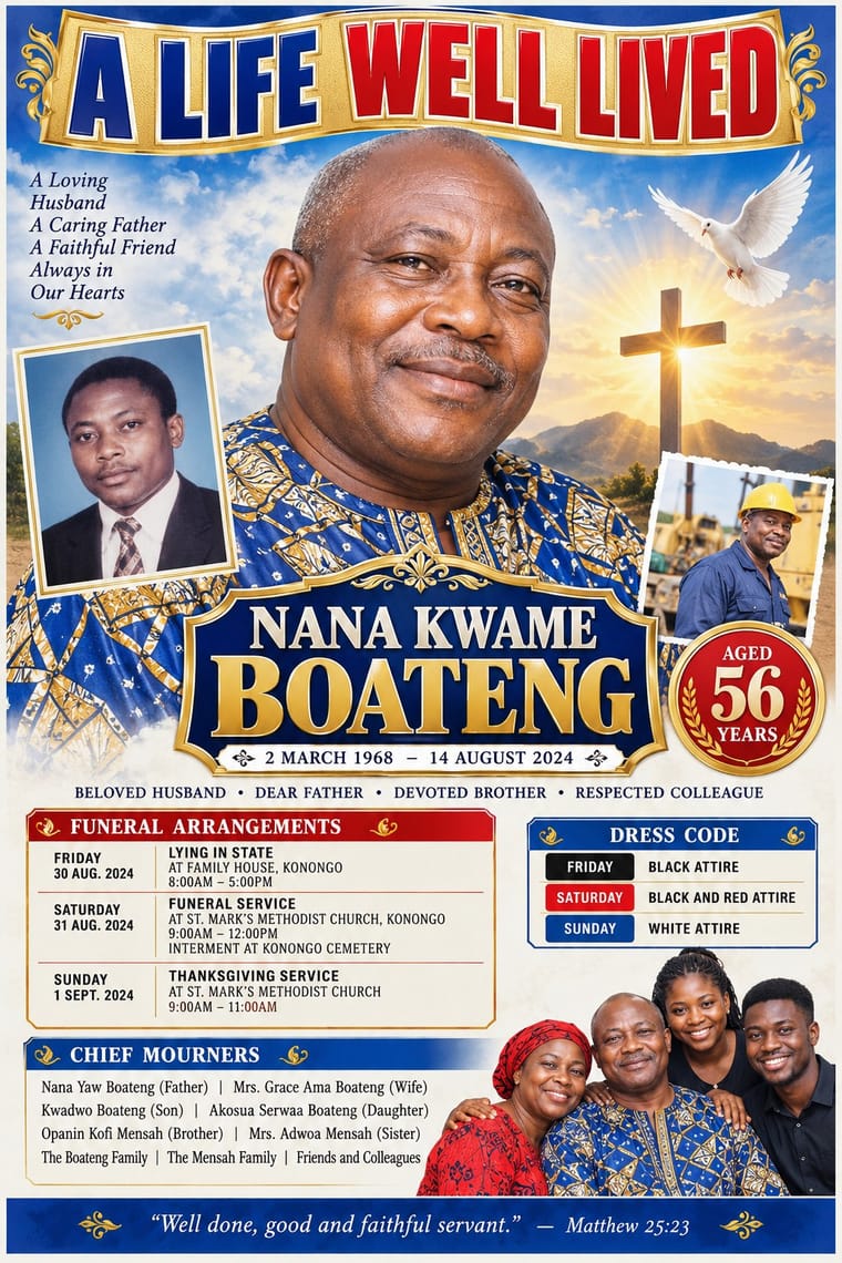 An ornate funeral poster for Nana Kwame Boateng features a large central portrait, smaller portraits of him as a younger man and a construction worker, and a family group at the bottom. Gold frames, blue and red headings, a white dove, and a cross against a sunlit sky surround funeral details and tributes.