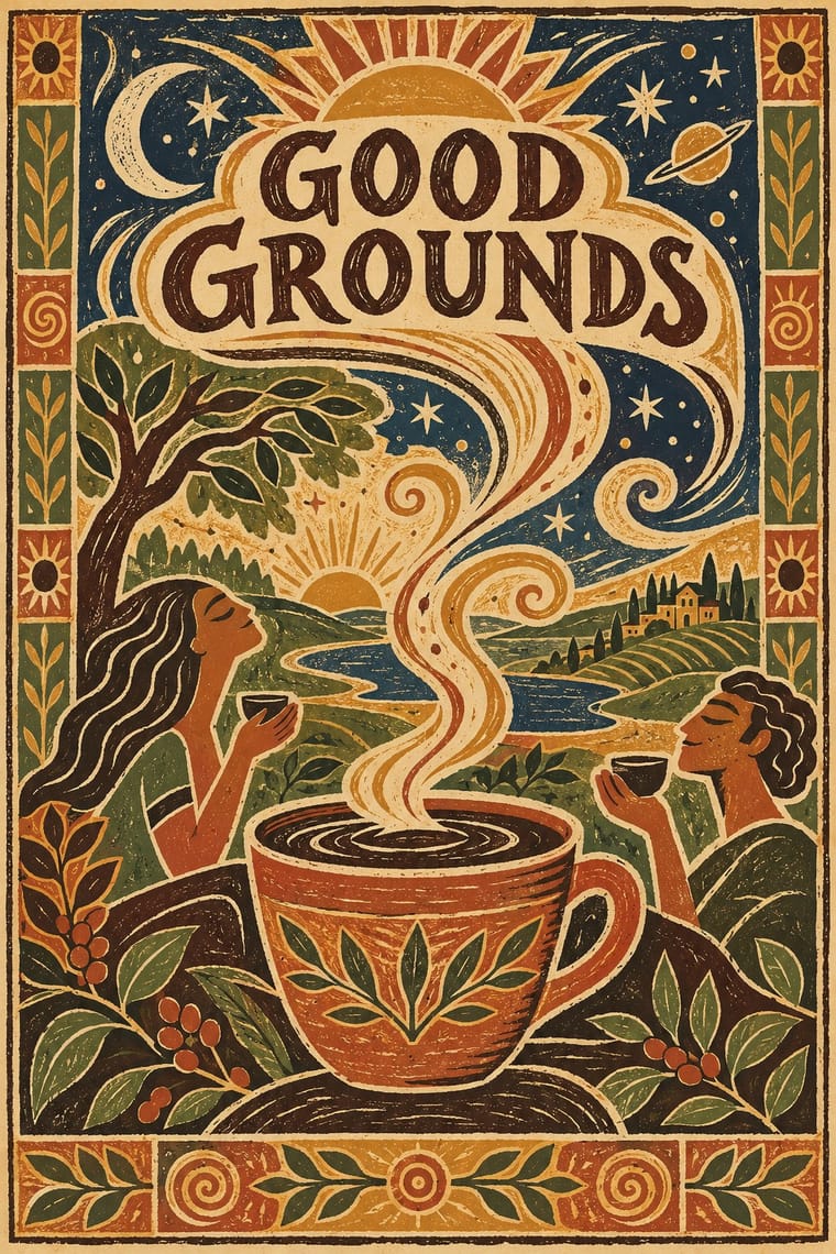 A textured, folk-style poster reading “GOOD GROUNDS” shows a large steaming coffee cup surrounded by leafy coffee branches and two people holding smaller cups. A winding river, hills, buildings, a tree, suns, a crescent moon, stars and a ringed planet fill the background within a decorative botanical border.