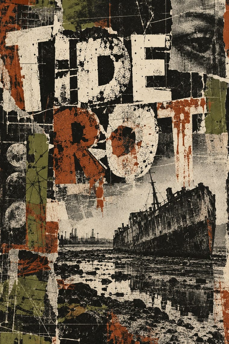 A distressed collage poster combines oversized lettering reading “TIDE ROT” with a high-contrast image of a derelict ship on a muddy, rocky shoreline. Torn-looking black, cream, rust-orange and olive patches, scratches, and a cropped facial fragment fill the surrounding space.