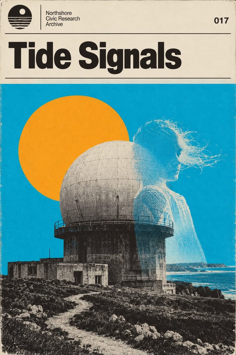 A distressed poster titled “Tide Signals” combines a coastal radar dome on rocky ground with a translucent halftone profile of a windswept person. A large yellow circle sits against a cyan background beneath a cream header bearing an archive name, circular emblem and the number 017.