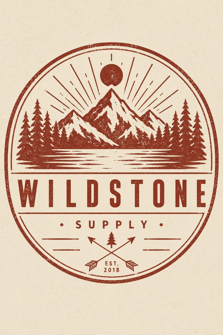 A distressed rust-red oval badge on cream paper contains snowcapped mountains, pine trees, a lake, and a sun with radiating rays. The words “WILDSTONE SUPPLY” sit above crossed arrows, a small pine tree, and “EST. 2018.”