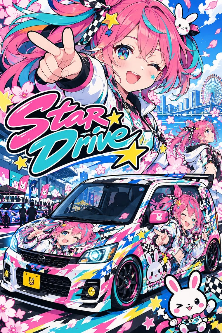 A brightly coloured anime-style poster features a winking, pink-haired girl making a peace sign above a compact car covered in matching character graphics. Large “Star Drive” lettering overlaps a waterfront city scene filled with cherry blossoms, stars, rabbit mascots and a Ferris wheel.