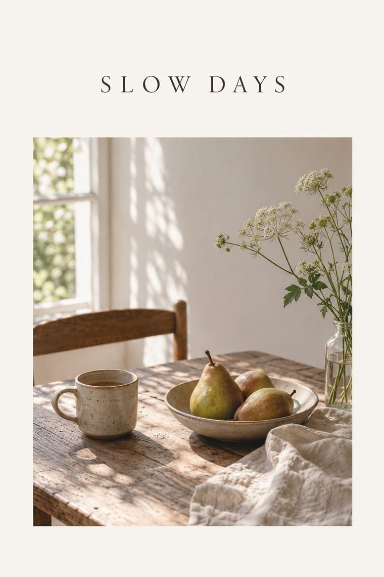 A cream poster headed “SLOW DAYS” shows a sunlit wooden table with a ceramic mug, a bowl of pears, a glass jar of white wildflowers, and a rumpled pale cloth. A wooden chair and window appear behind the table, with leafy shadows falling across the wall and tabletop.