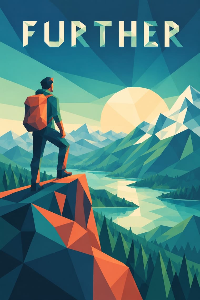 A faceted geometric illustration shows a hiker with an orange backpack standing on a rocky cliff above a winding river, evergreen forests, and mountain peaks. A large pale sun hangs over the valley beneath the word “FURTHER.”