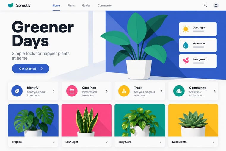A plant-care homepage titled Sproutly features a large “Greener Days” headline beside an illustrated potted plant and light, water, and growth indicators. Below are four feature links and four colorful plant-category cards showing tropical plants, a snake plant, a trailing plant, and a succulent.